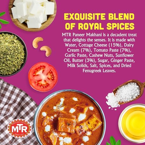 MTR - Minute Meals: Paneer Makhani - Cottage Cheese in Spiced Tomato Puree - Tasty Indian Meal with No Added Preservatives - A Quick Meal Suitable for Vegetarians, Ready in Minutes! (Pack of 6)