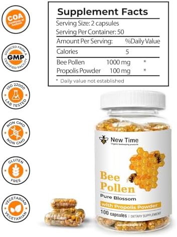 Bee Pollen – 100 Vegetarian Capsules with Propolis - Organic Multivitamin for Men, Women - Fermented Granules - Immune, Energy Support - Non GMO, Pregnancy Friendly
