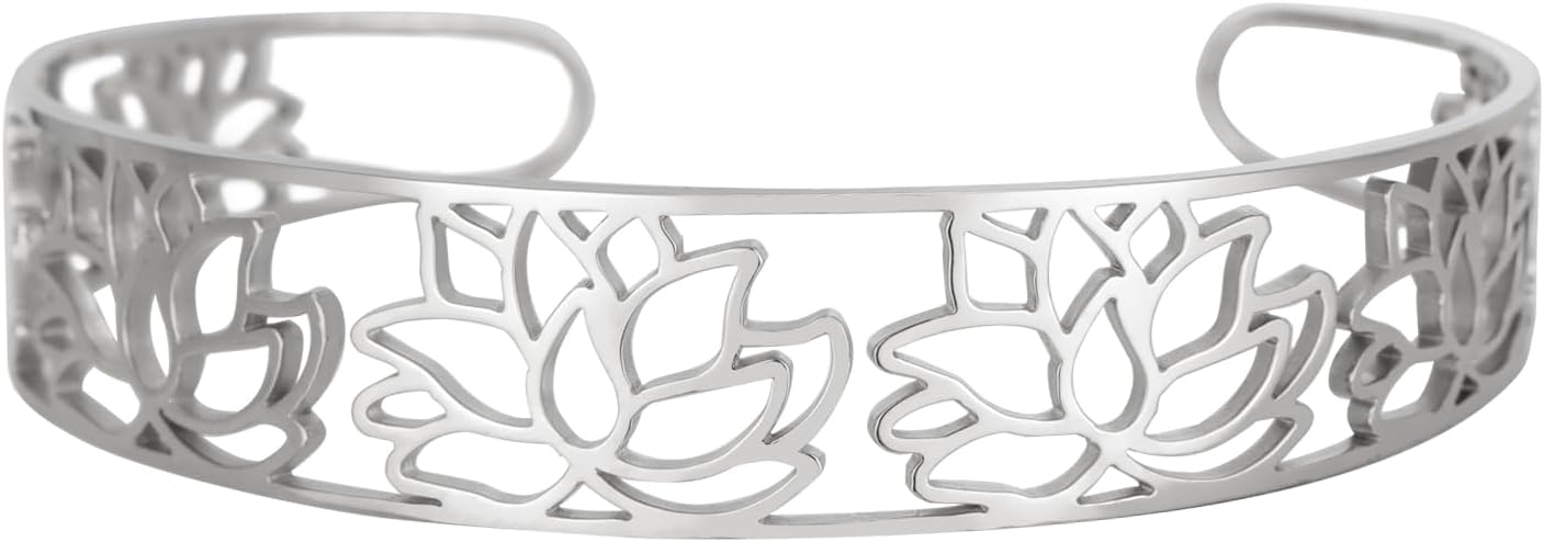 Dreamtimes Lotus Open Cuff Bangle Bracelet Stainless Steel lotus bracelet Elegant Hollow Carved Adjustable Bracelet for Women Boho Floral Jewelry Gift