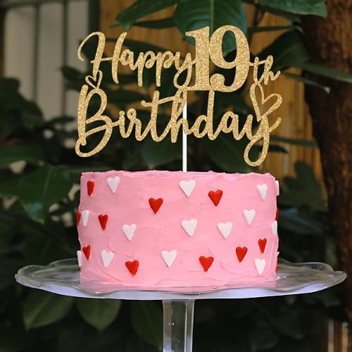 Gold Glitter Happy 19th Birthday Cake Topper, Cheers to 19 Years/Level 19 Unlocked, Funny 19th Birthday Party Decorations Supplies