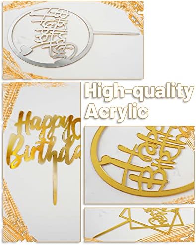 Happy Birthday Cake Toppers Gold, 18 Pcs Gold Happy Birthday Cake Topper, Acrylic Cake Decoration, Double-Sided Glitter of Birthday Cake Topper for Children or Adults (Word)