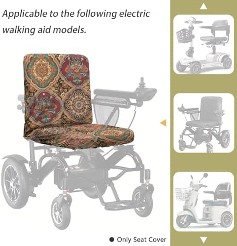 Mobility Scooter Seat Cover, Universal Fit Electric Wheelchair Seat Cover, Stain Resistant Polyester Power Chair Protector, Vintage Mandala Tile Print, 35 x 18 Inch