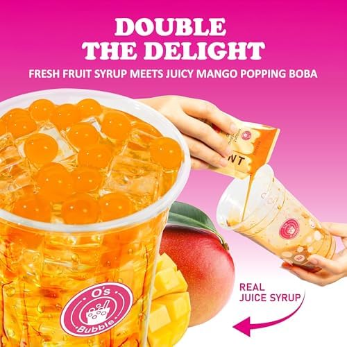 O’s Bubble Peach Green Tea – DIY Boba Kit with 3 Peach Syrup Packs & 3 Mango Popping Boba – Make Fruity Bubble Tea at Home – 3 Servings Included (Passion Fruit Green Tea)