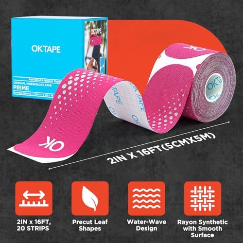 OK TAPE Synthetic Kinesiology Tape Precut Strips, Waterproof Kinesiology Athletic Tape for Joint & Muscle Support, Reflective and Durable Tape, 2in×16.4ft Roll 20PCS | Pink