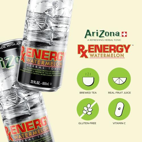 AriZona Rx Energy Watermelon, Herbal Tonic Drink with Green Tea and Citrus, 130mg Caffeine per Container - Big Can, 22 Fl Oz (Pack of 12)