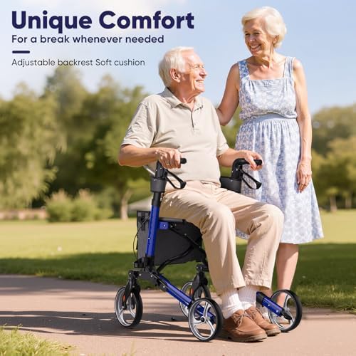 WOTURE Foldable Rollator Walker with Seat & Backrest – 8" All Terrain Wheels for Indoor/Outdoor Use, Lightweight Mobility Aid with Storage Bag & Cane Holder, Adjustable Handles & Brakes, Blue