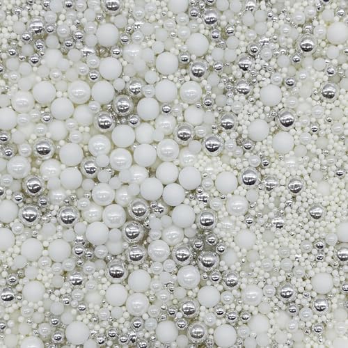 Edible White & Silver Sugar Pearls Sprinkles Candy Mix Size Pearls Cake Decorations Cupcake Toppers Decorating Perfect for Wedding Party Valentine Supplies 4.58OZ