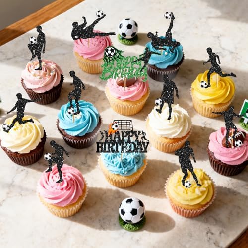 24Pcs Glitter Soccer Cupcake Toppers: Soccer Cake Decorations Soccer Birthday Party Decorations Soccer Party Decorations for Men Boy Soccer Ball Cake Topper