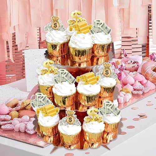 40Pcs Edible Riches Money Cupcake Topper Edible Pre-cut Dollar Gold Cupcake Picks for Banker Financier Wealthy Birthday Party Cupcake Decorations Bank Holiday Finance Gold Theme Party Decors Supplies
