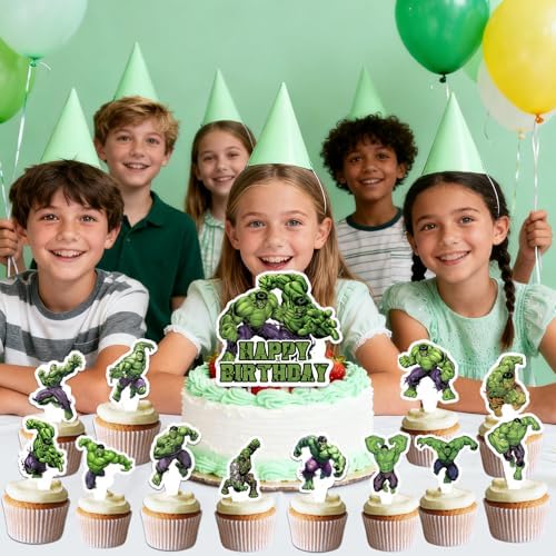 25Pcs For Hulk Birthday Party Supplies Pack Includes 1 Cake Topper 24 Cupcake Toppers for Hulk Party Supplies