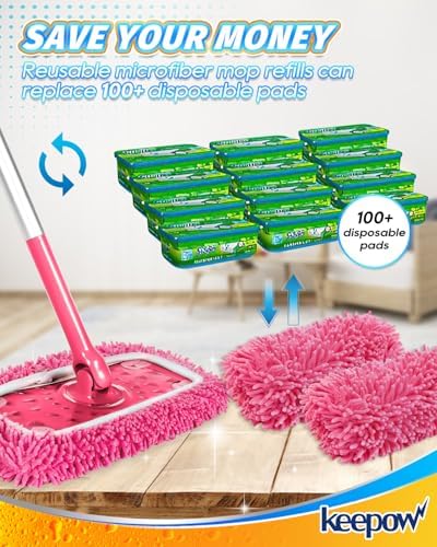 KEEPOW Pink Reusable Dry Sweeping Cloths Microfiber Wet Mop Pads Compatible with Swiffer Sweeper Mop Replacement Sweeping Mopping pad Refills for Hardwood Surface Floor Cleaning (4PCS)