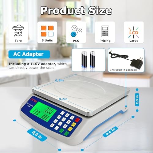 Digital Kitchen Scale 40kg/88lb Stainless Steel Price Computing Scale Counting Scale Deli Scale with Large LCD Display for Baking Bread Cooking Meat Prep Parts and Coins Adapter Included