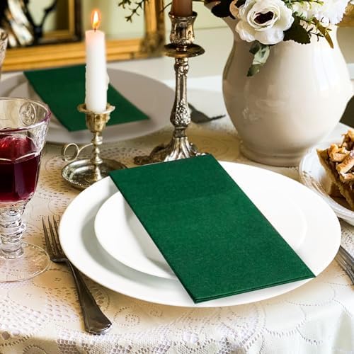 KAMMAK Dark Green Napkins Disposable with Pocket Cloth Like Dinner Paper Napkins 100 Pack Folded Guest Hand Towel for Party Decoration, Wedding Reception, Bathroom or Restaurant (16.5 x 16.5 inch)