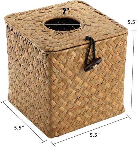 Yesland 2 Pack Square Seagrass Facial Tissue Box - Decorative Woven Paper Holder Napkin Dispense - 5 x 5 x 5 Inches Rattan Tissue Box Cover