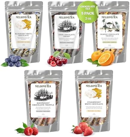 Nelson's Tea Chocolate Covered Fruit Sampler Pack Tea - Blueberry White Choc 1.6 Oz, Dark Chocolate Cherry 2 Oz, Orange Truffle Choc 2oz, Raspberry Truffle Choco 2oz, Strawberry White Choc. 2 Oz