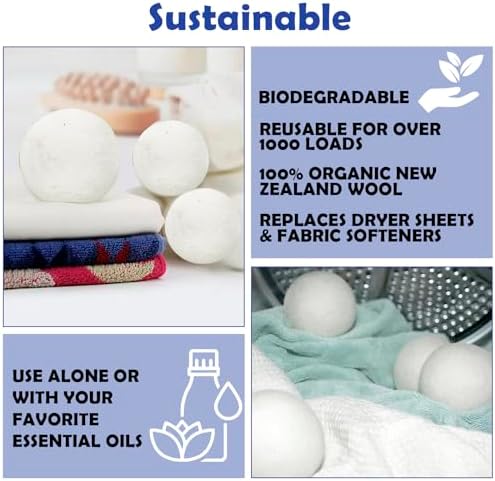 Reusable Wool Dryer Balls for Laundry, 6-Pack Handmade Drying Balls 2.36 in, Natural Fabric Softener, Helps Soften Clothes and Shorten Drying Time, with Cotton Storage Bag