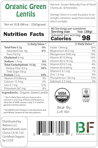 Organic Green Lentils Whole Raw, High Fiber Non-GMO-Bulk (5LB)