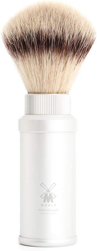 MÜHLE Travel Silver Aluminum Silvertip Fibre Shaving Brush - Portable Synthetic Luxury Shave Brush for Men, Rich Lather