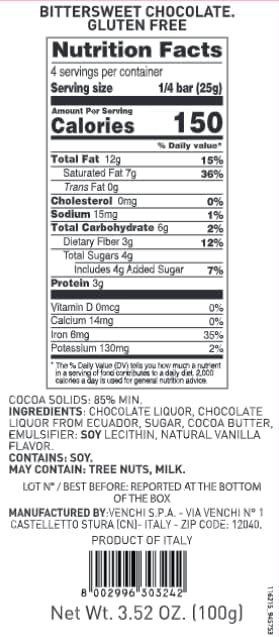 Venchi - 85% Extra Dark Chocolate Bar, 3.52oz - Fine Cocoa Blends - Gluten Free - Vegan