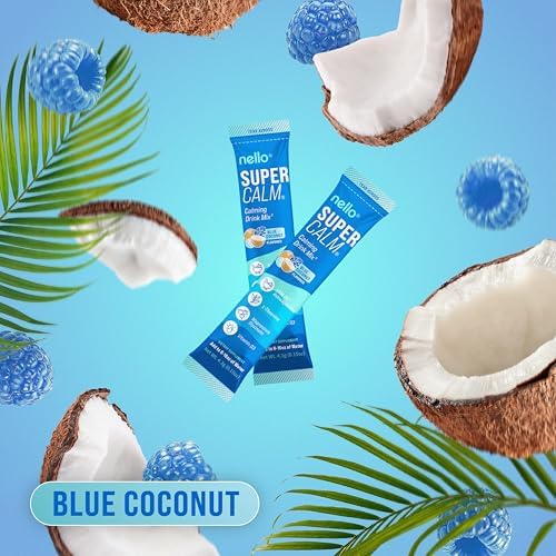 Nello Supercalm Drink Mix with Magnesium Glycinate, KSM 66 Ashwagandha, Vitamin D3 and L Theanine, Calm Powder Supplements for Relaxation Support, No Sugar, Travel Packets, 20 Ct, Blue Coconut