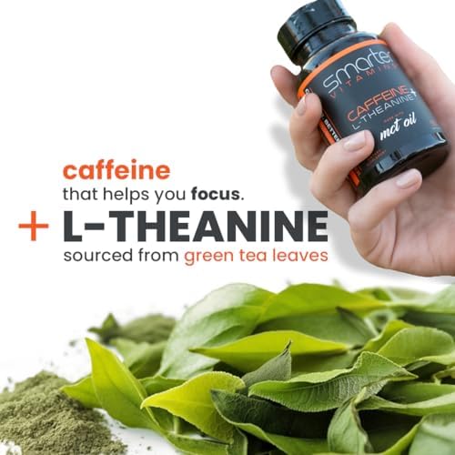 SmarterVitamins 200mg Caffeine Pills - MCT Oil from 100% Coconuts + 100mg L-Theanine, Energy and Focus, Extended Release Capsule, 50 Liquid Softgels