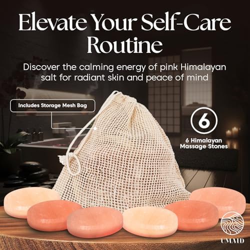 UMAID Himalayan Salt Massage Stones 6-Pack with Cotton Mesh Bag Hand-Carved Pink Crystal Spa Stones for Relaxation, Self-Care & Holiday Gifting