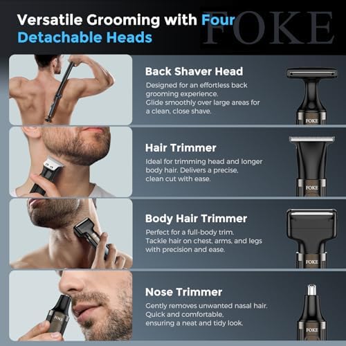 FOKE Back Shaver for Men, Ultra-Wide 2" T-Shaped Head, Travel Case, LED 4 in 1 Mens Back Shaver Rechargeable with Long Handle, Safety Lock, IPX7, Multi-Functional Back Trimmer for Men, (Flat Black)