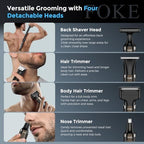 FOKE Back Shaver for Men, Ultra-Wide 2" T-Shaped Head, Travel Case, LED 4 in 1 Mens Back Shaver Rechargeable with Long Handle, Safety Lock, IPX7, Multi-Functional Back Trimmer for Men, (Flat Black)
