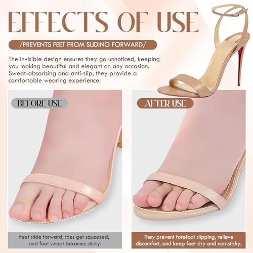 4 Pairs 3/4 High Heel Gel Cushion Inserts for Women Self-Adhesive Arch Support Anti-Slip Inserts for Sandal Dress Shoe High Heels Pumps Open Toes Flats, Fits Women 5-9 Size (Pu+Gel,Clear)