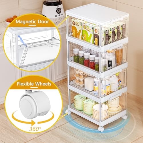 SNSLXH Portable Clear Storage Bins with Lid & Wheels, 24QT Clear Storage Bins with Lid, 4-Tier Plastic Bins with Wheels, Stackable, Magnetic Doors, for Bedroom, Living Room, Office