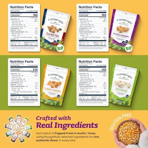 Cornucopia Popcorn Variety Pack – Gourmet Popcorn from Austin. Four Flavors: Salted Caramel, Cheesy Caramel, Butter Pecan & Dill Pickle. Handcrafted, Gluten-Free & Irresistibly Delicious 4-Bag Set