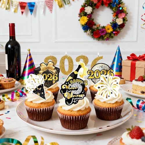 42Pcs Edible Happy New Year Cupcake Toppers Wafer Paper 2026 New Years Eve Party Decorations Picks for 2026 New Years Eve Party Supplies