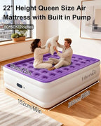 Queen Air Mattress with Built in Pump, Inflatable Mattress for Home, Blow up Air Bed 3 Min Quick Inflation and Deflation, Thin Velvet Top, 22'' Queen Size Purple