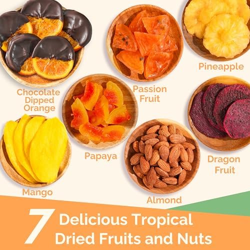 Dried Fruit Gift Basket – 7 Tropical Flavor Dry Fruits Gift Box - Chocolate Orange 12.5oz Soft Dried Fruit Basket Gift | Mixed Dried Fruit & Nut Gifts| Food Gifts for Women Snack Gift Basket for Men