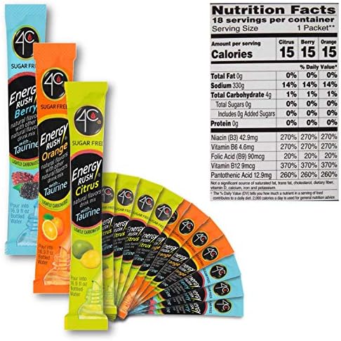 4C Energy Rush Drink Mix - Pack of 2 Boxes - 18 Packets Each - Makes 36 Servings - 6 Orange, 6 Berry, 6 Citrus Packets - Bonus Variety Pack -Net Wt. 4.987 OZ (141g) Each Box