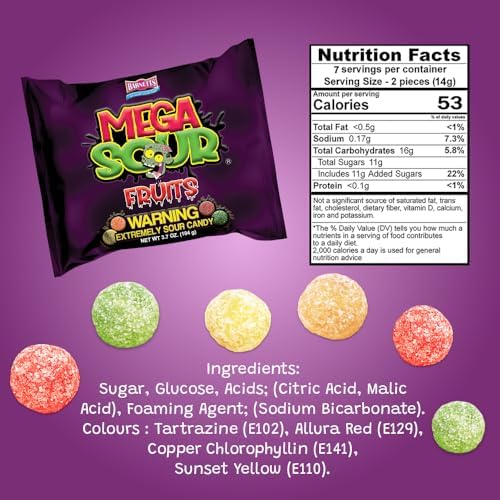 Barnetts - Mega Sour Candy Fruits 104g - Trendy Sweet Bags - Traditionally Handmade Sweets - Sour Coating Lasts 20 Seconds - Candies for Party Bag, Gift Hamper, or Hamper Box