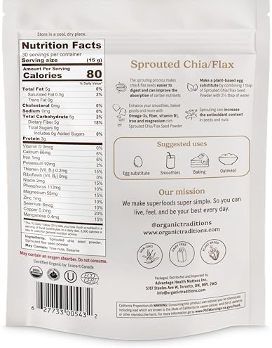 Organic Traditions Sprouted Chia and Flax Seed Powder Organic Chia and Organic Flax for Plant Based Non-GMO Superfood 454g/16oz Bag