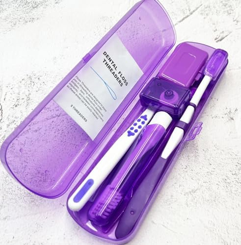 Portable Orthodontic Oral Care Kit for Braces - Interdental Brush Dental Wax Dental Floss Toothbrush Cleaning Kit(Purple)