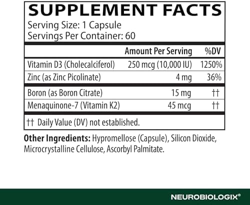 Neurobiologix Vitamin D3 + K2 Cofactor Complex, High Potency 10,000 IU Vitamin D3 K2 MK-7 Zinc & Boron, Bone Strength, Cardiovascular Sup, 60 Capsules
