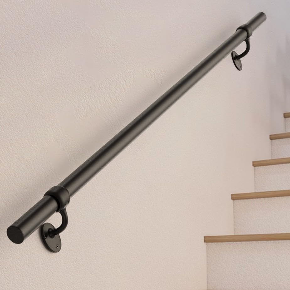 Stair Railing Indoor 4 Feet Hand Rails for Indoor/Outdoor Steps 1.6" Round Porch Railing Wall Mount Aluminum Hand Rails for Indoor Stairs Industrial Staircase Handrails