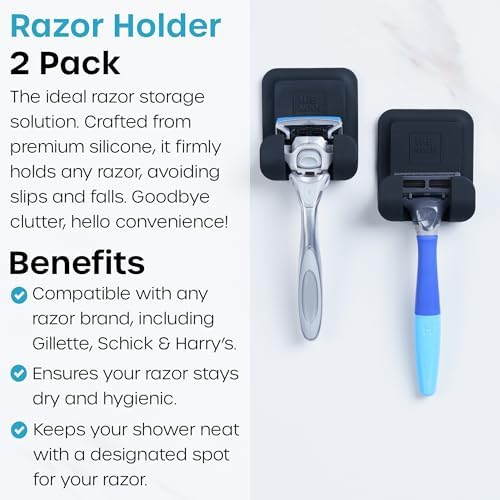 Vanibiss The Man Silicone Razor Holder for Men - Fit Any Razor Secure & Safe - Bathroom Organization Hooks for Shower Wall - Compatible with Gillette, Harry's, Schick & Other Brands (2 Pack)