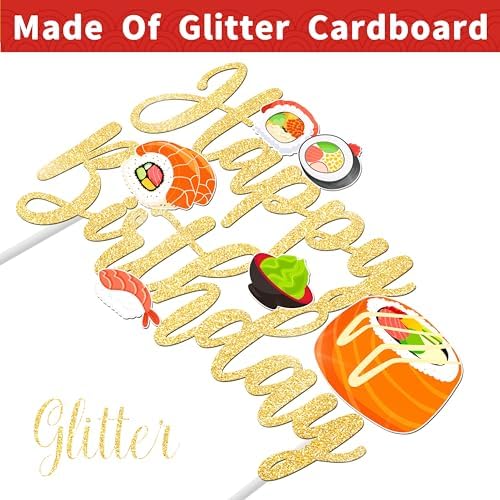 Glittery Gold Sushi Birthday Cake Topper - 'Let's Roll' Sushi Party Decoration for Japanese Themed Events