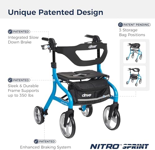 Drive Medical Nitro Sprint Foldable Rollator Walker with Seat - Lightweight Support - Large Wheels - Compact Folding Design - Adjustable Comfort - Standard Size - Blue