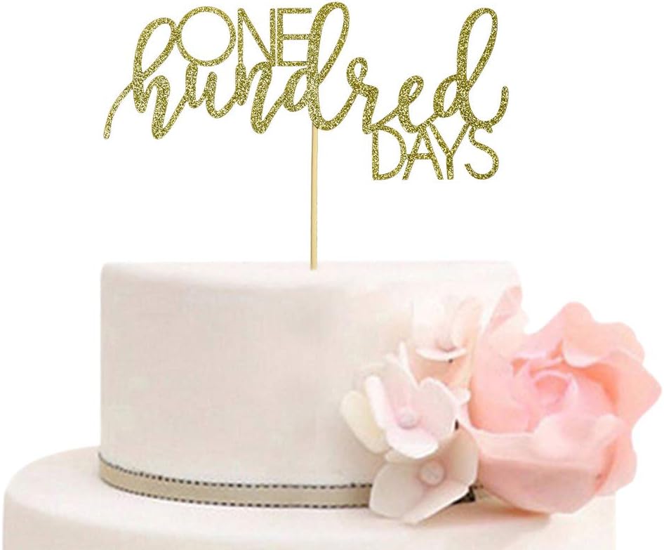 One Hundred Days Cake Topper - Happy 100 Days Cake Decors - Baby's Birthday Party Decorations & Supplies - Gold Glitter
