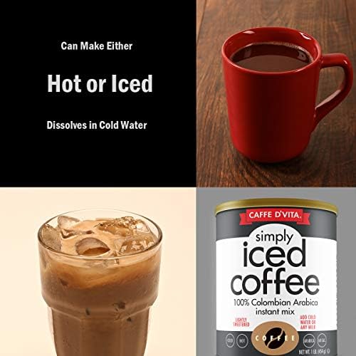 Caffe D'Vita Simply Iced Coffee - 100% Colombian Arabica Instant Mix, Latte Mix, Low Calorie Iced Coffee, Lightly Sweetened, Dairy Free, Instant Coffee Drink - 1 Lb Can
