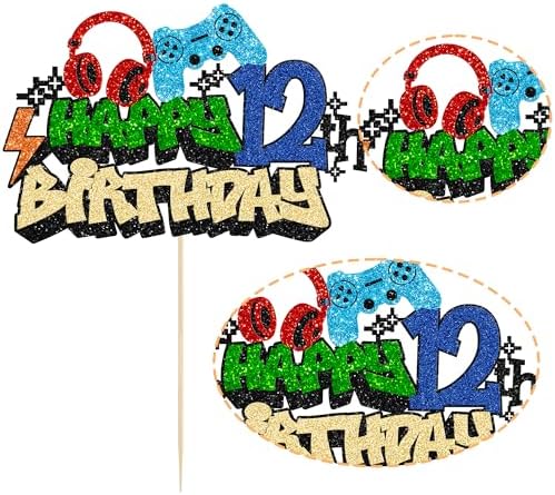 Gyufise 1Pcs 12th Birthday Video Game Cake Topper Gaming Level Unlocked Game On Controllers Cake Pick Decorations Game Theme Baby Shower 12th Birthday Anniversary Party Cake Decorations