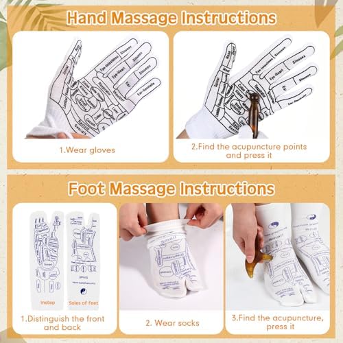Threlaco 16 Pcs Reflexology Socks and Gloves with Tools Foot Reflexology Socks with Acupressure Gloves & 8 Pcs Massage Point Tools Foot Relief Acupressure Massager Set for Women and Men(Amber)