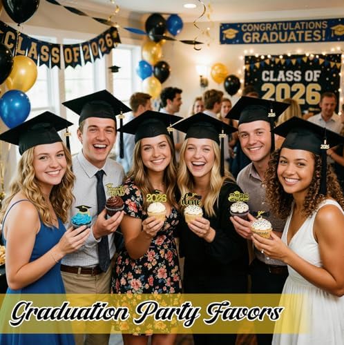 Graduation Decorations 2026 Cupcake Toppers, 36 Pcs Black & Gold Glitter Cap & Diploma Class of 2026 Cake Topper, Cake Picks & Toppers for Congrats Grad Party Decor Supplies
