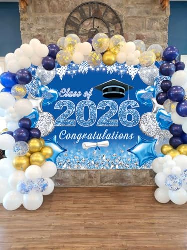 2026 Graduation Party Backdrop Blue Silver Class of 2026 Glitter Graduation Photography Background Party School Prom Cake Table Decorations Banner (Blue, 7X5FT(82x59inch))