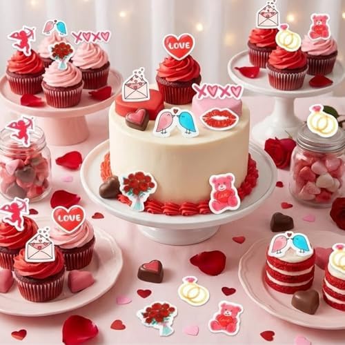 65PCS Valentine's Day Edible Cupcake Toppers & Cake Decorations Romantic Wafer Paper Assortment with Hearts, Cupid Flowers for Anniversary & Wedding Party Desserts